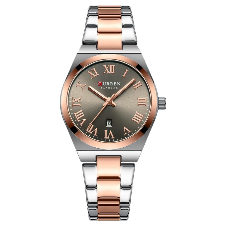 CURREN 9095 Women Stylish Quartz Watch with Calendar & Stainless Steel Strap — Gold-Silver Shell Green Dial
