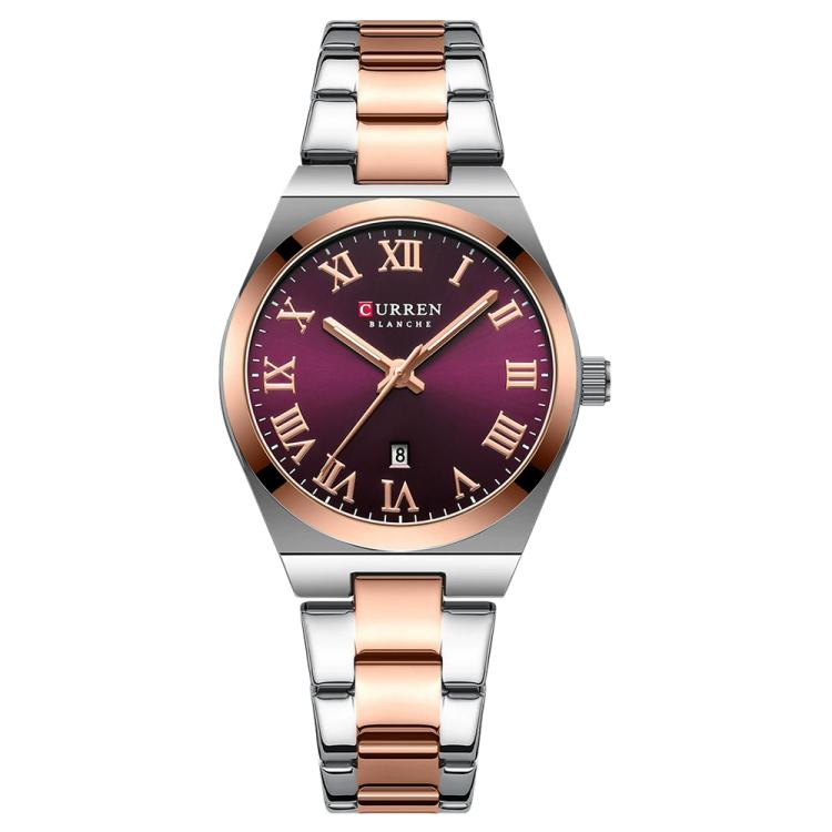 CURREN 9095 Women Stylish Quartz Watch with Calendar & Stainless Steel Strap — Rose-Silver Shell Grey Dial