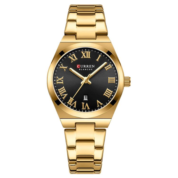 CURREN 9095 Women Stylish Quartz Watch with Calendar & Stainless Steel Strap — Rose-Silver Shell Purple Dial
