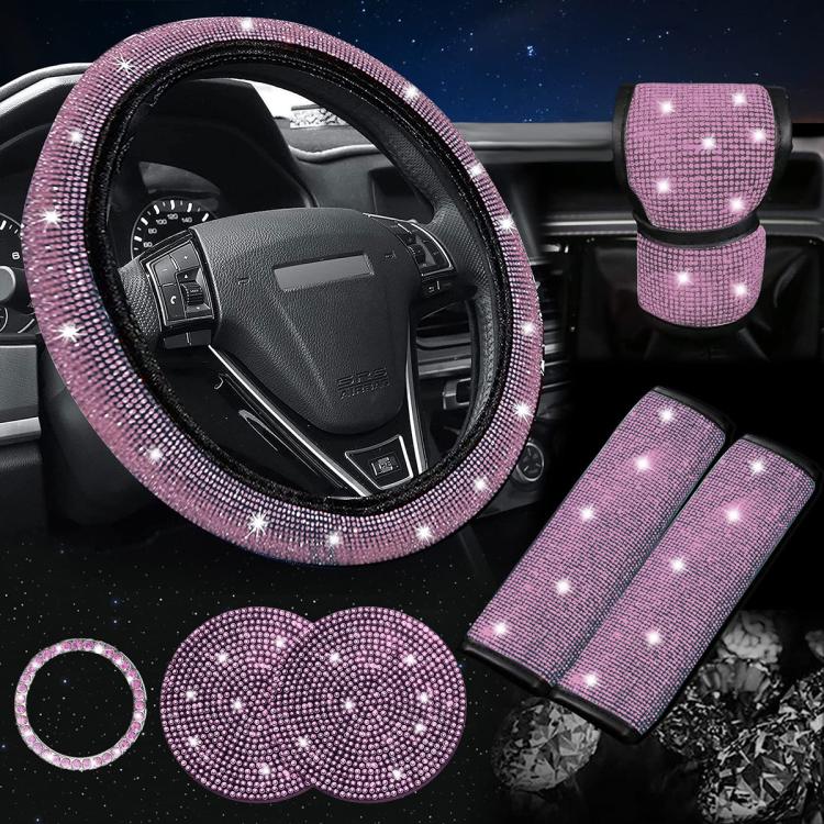 7 in 1 Set Car Diamond Studded Steering Wheel Cover, Diameter: 38cm — Orange