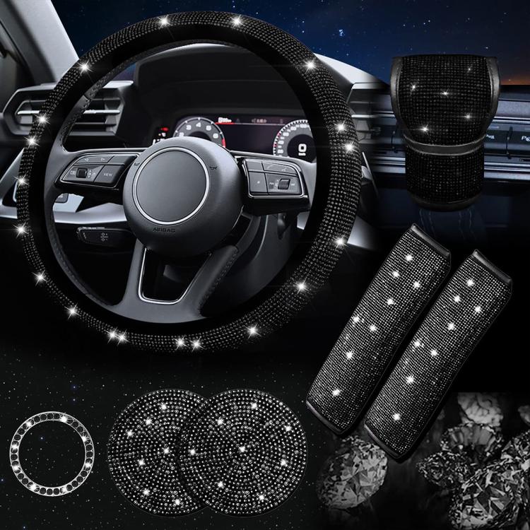 7 in 1 Set Car Diamond Studded Steering Wheel Cover, Diameter: 38cm — Pink