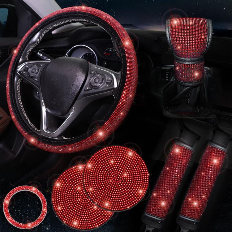 7 in 1 Set Car Diamond Studded Steering Wheel Cover, Diameter: 38cm — Black