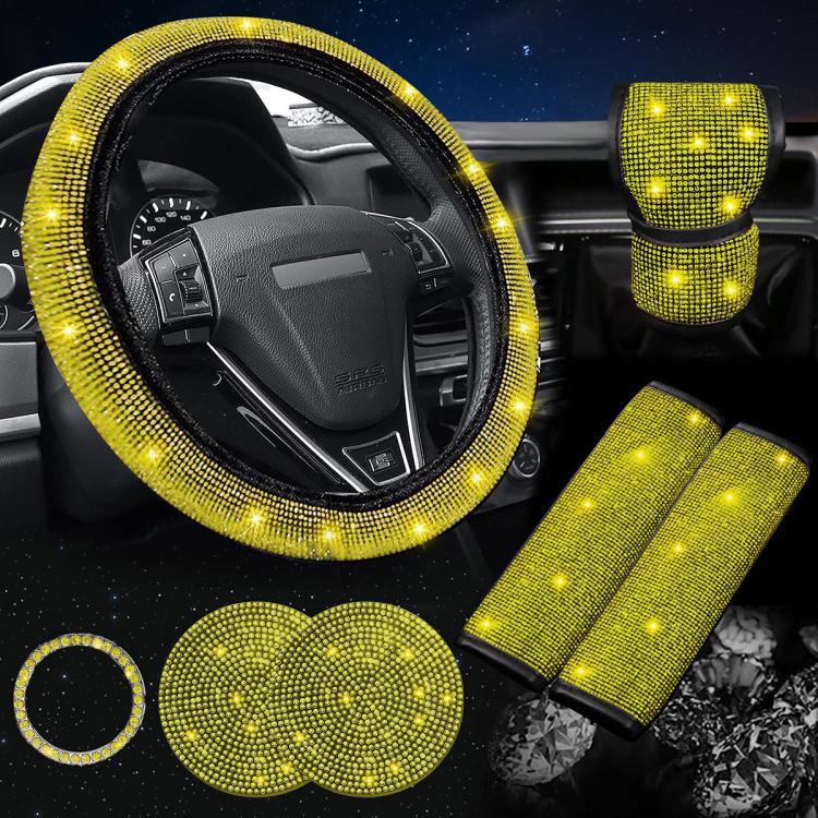 7 in 1 Set Car Diamond Studded Steering Wheel Cover, Diameter: 38cm — Red
