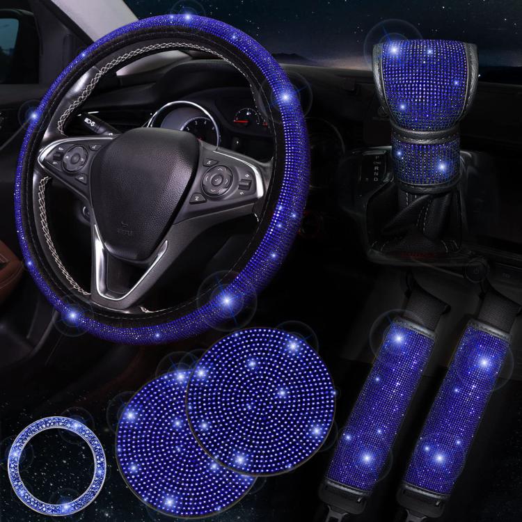 7 in 1 Set Car Diamond Studded Steering Wheel Cover, Diameter: 38cm — Yellow