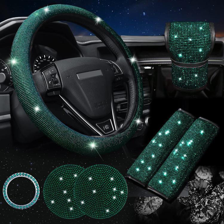 7 in 1 Set Car Diamond Studded Steering Wheel Cover, Diameter: 38cm — Blue