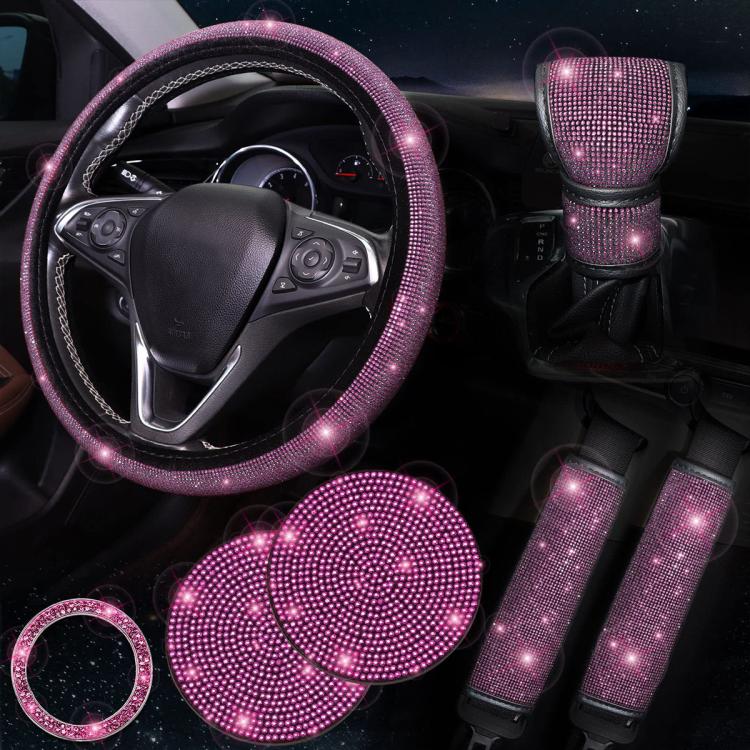 7 in 1 Set Car Diamond Studded Steering Wheel Cover, Diameter: 38cm — Green