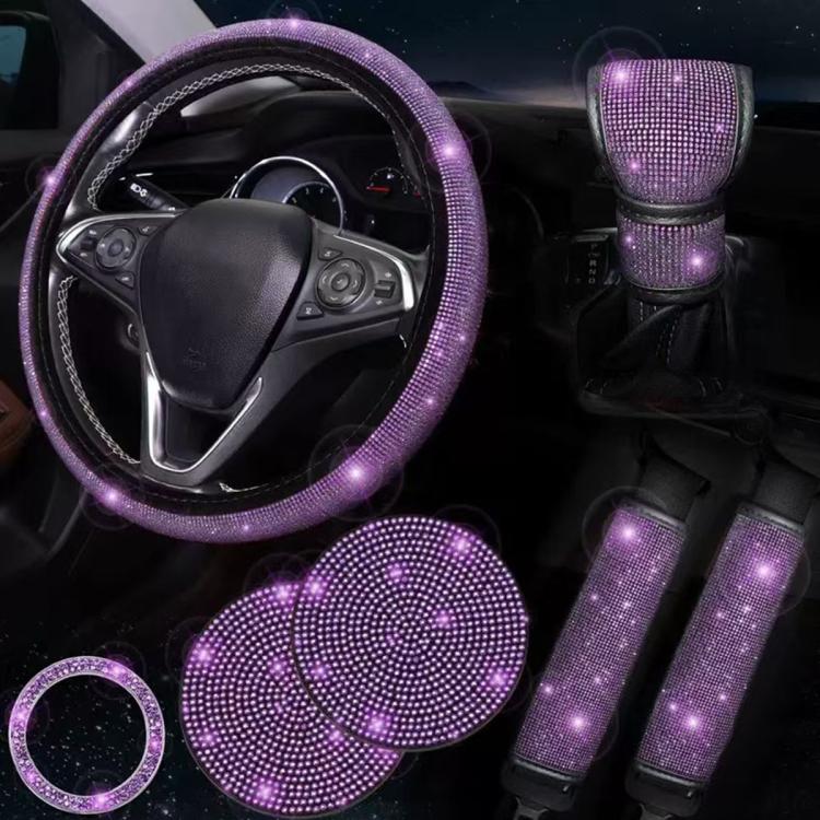 7 in 1 Set Car Diamond Studded Steering Wheel Cover, Diameter: 38cm — Rose Red