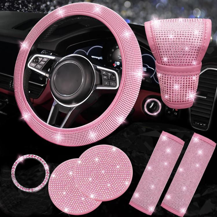 7 in 1 Set Car Diamond Studded Steering Wheel Cover, Diameter: 38cm — Light Purple
