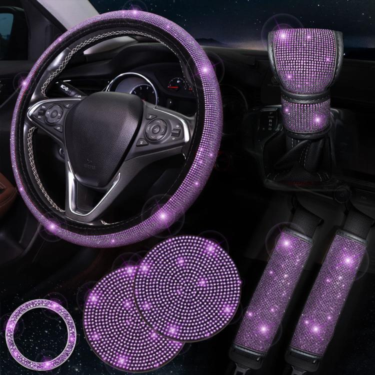 7 in 1 Set Car Diamond Studded Steering Wheel Cover, Diameter: 38cm — Full Pink