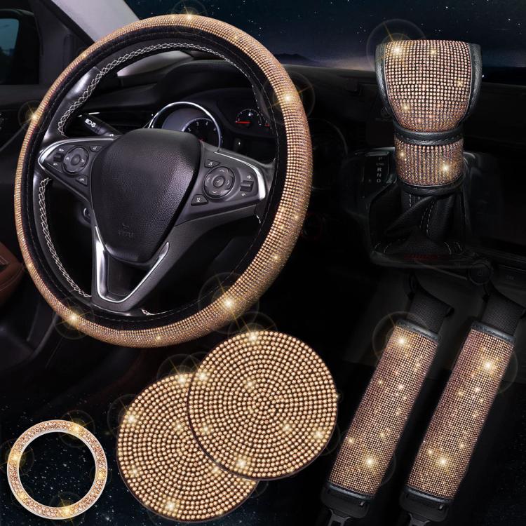 7 in 1 Set Car Diamond Studded Steering Wheel Cover, Diameter: 38cm — Dark Purple