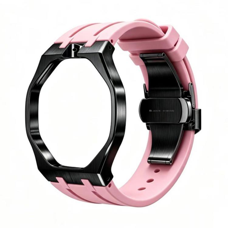 Metal Case Integrated Butterfly Clasp Silicone Watch Band — Black White