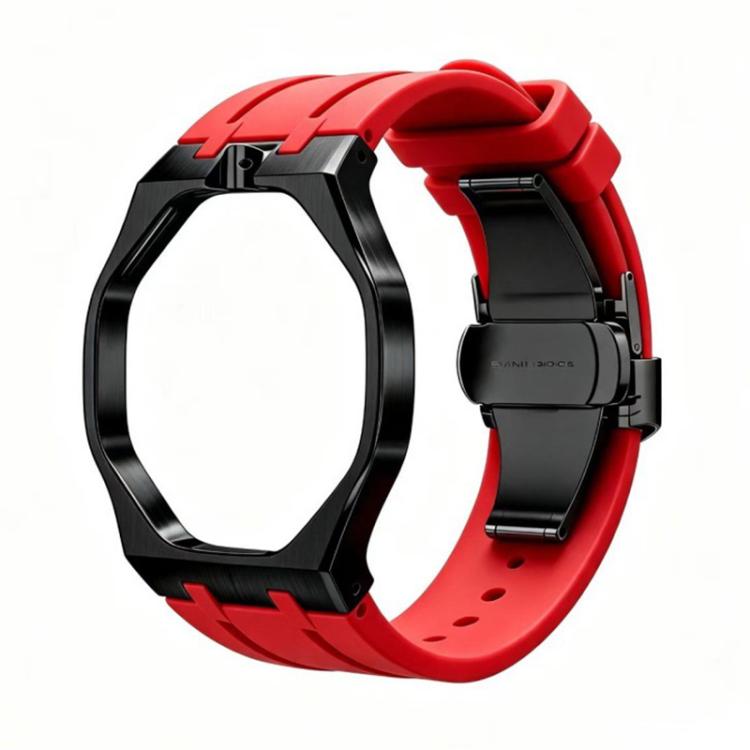 Metal Case Integrated Butterfly Clasp Silicone Watch Band — Black Pink