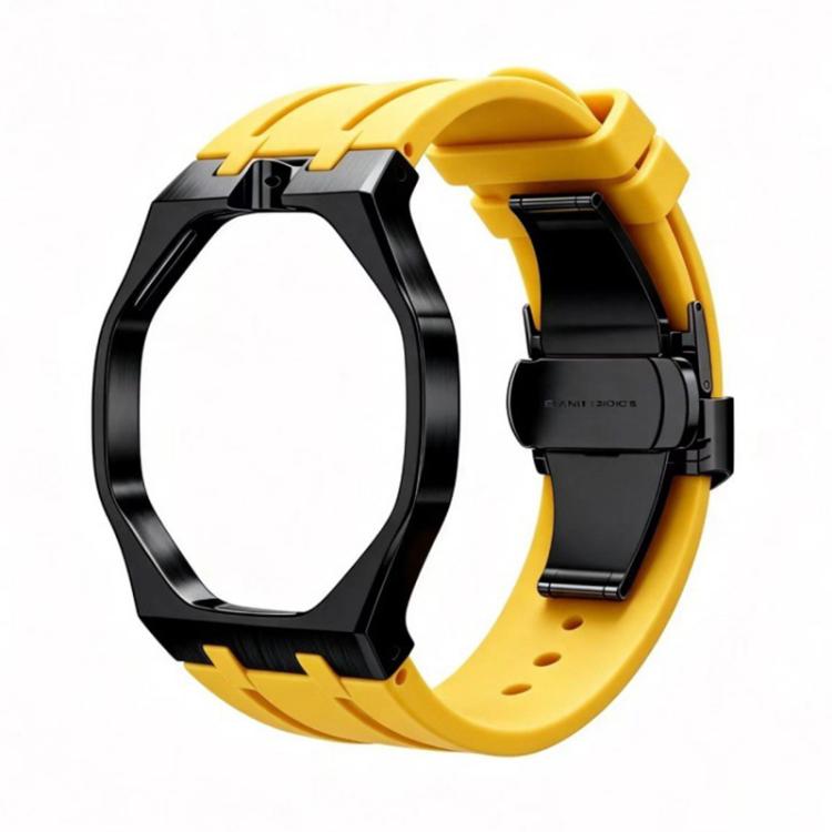 Metal Case Integrated Butterfly Clasp Silicone Watch Band — Black