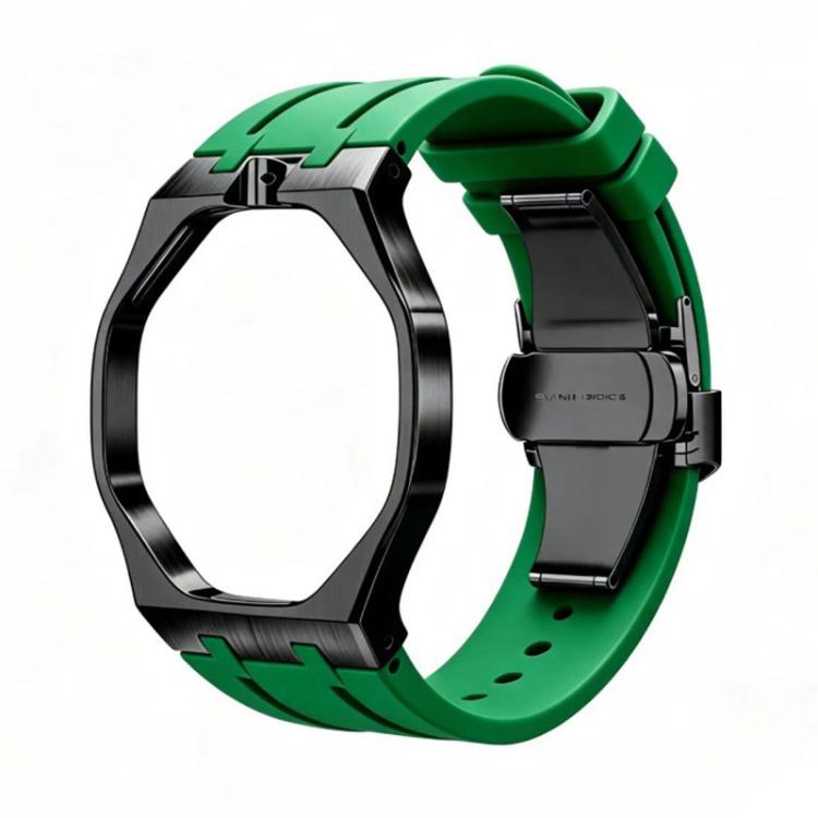 Metal Case Integrated Butterfly Clasp Silicone Watch Band — Black Yellow