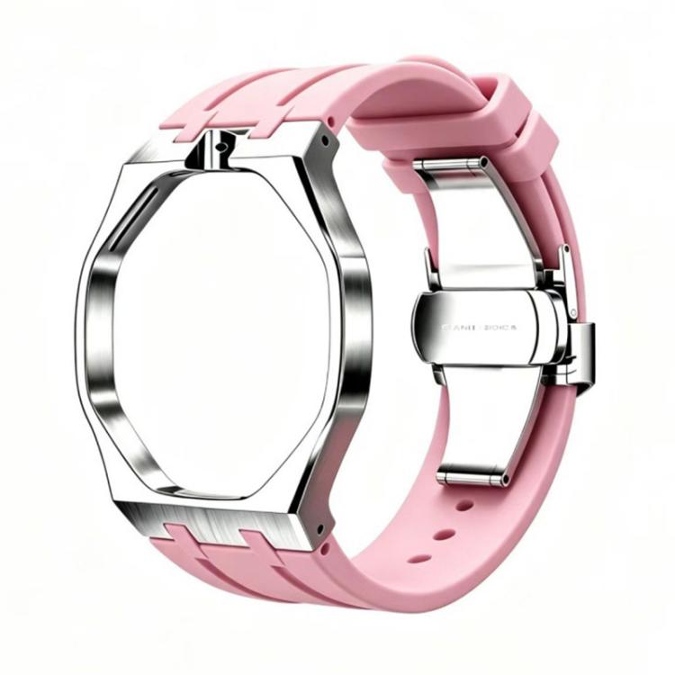 Metal Case Integrated Butterfly Clasp Silicone Watch Band — Silver White