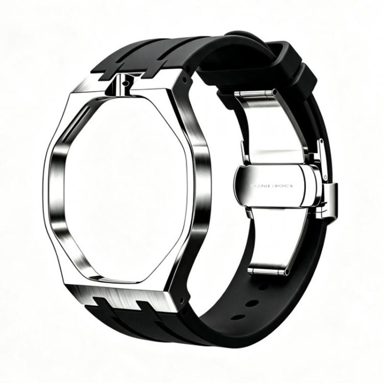 Metal Case Integrated Butterfly Clasp Silicone Watch Band — Silver Orange