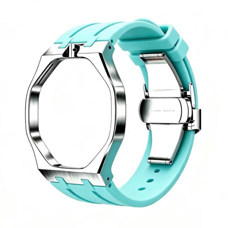Metal Case Integrated Butterfly Clasp Silicone Watch Band — Silver Red