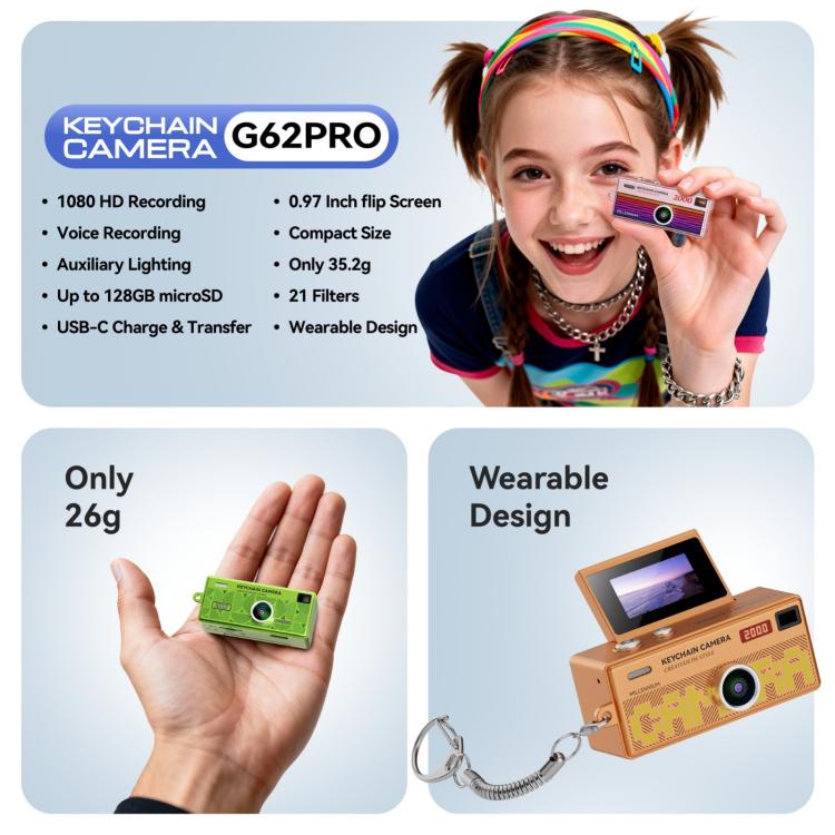 G62 Pro 0.97 inch Flip Screen 1080P HD Pixel Keychain Retro Mini Thumb Camera — view 9