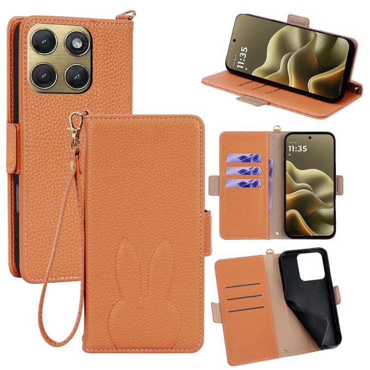 Bunny Ears Side Magnetic Clasp Vegan Leather Phone Case with Wrist Strap