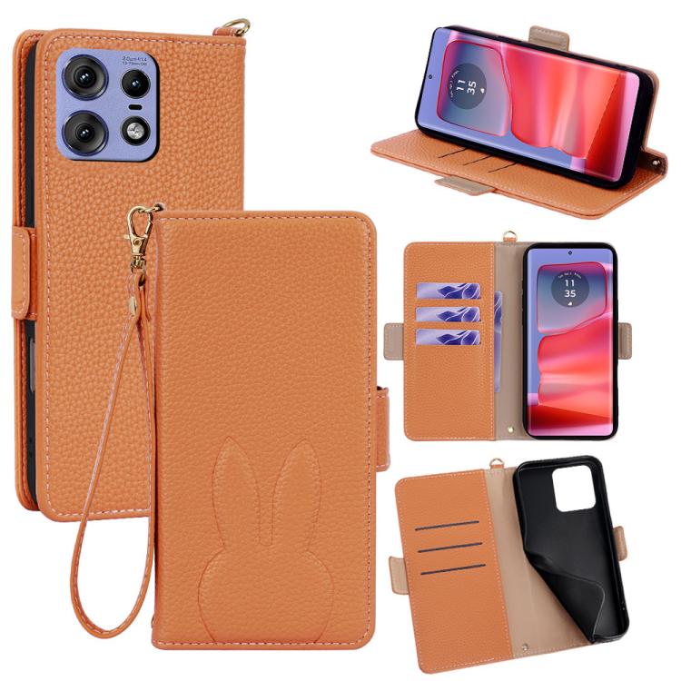Bunny Ears Side Magnetic Clasp Vegan Leather Phone Case with Wrist Strap