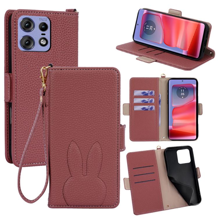 Bunny Ears Side Magnetic Clasp Vegan Leather Phone Case with Wrist Strap