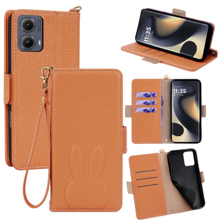 Bunny Ears Side Magnetic Clasp Vegan Leather Phone Case with Wrist Strap