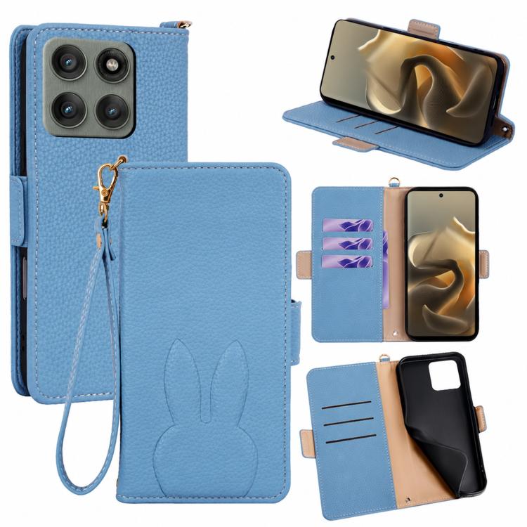 Bunny Ears Side Magnetic Clasp Vegan Leather Phone Case with Wrist Strap