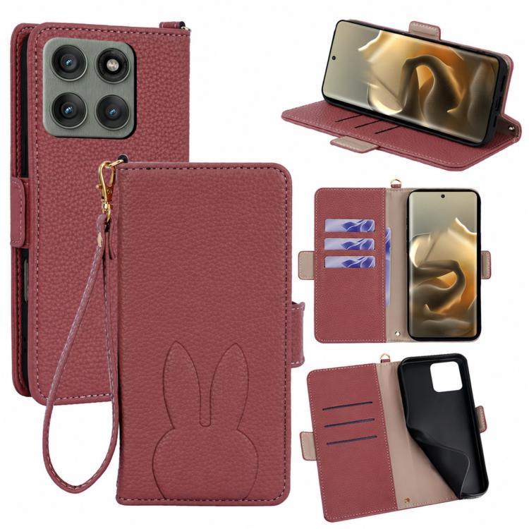 Bunny Ears Side Magnetic Clasp Vegan Leather Phone Case with Wrist Strap