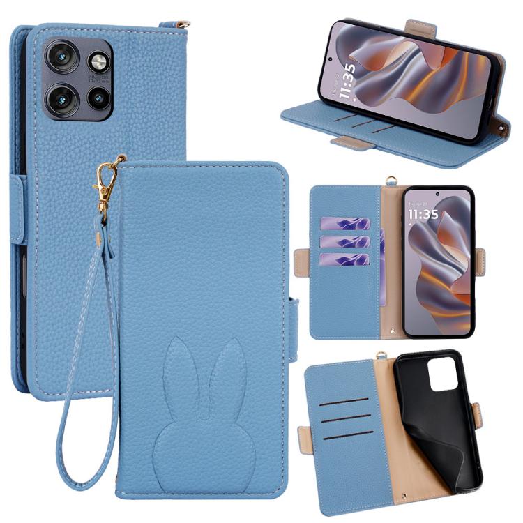 Bunny Ears Side Magnetic Clasp Vegan Leather Phone Case with Wrist Strap