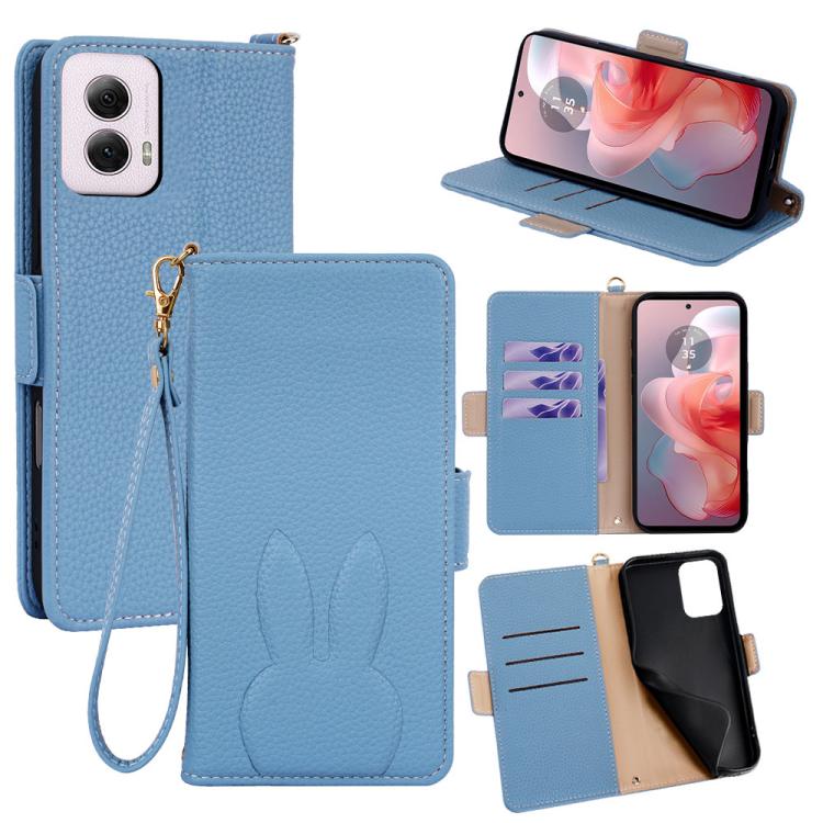 Bunny Ears Side Magnetic Clasp Vegan Leather Phone Case with Wrist Strap