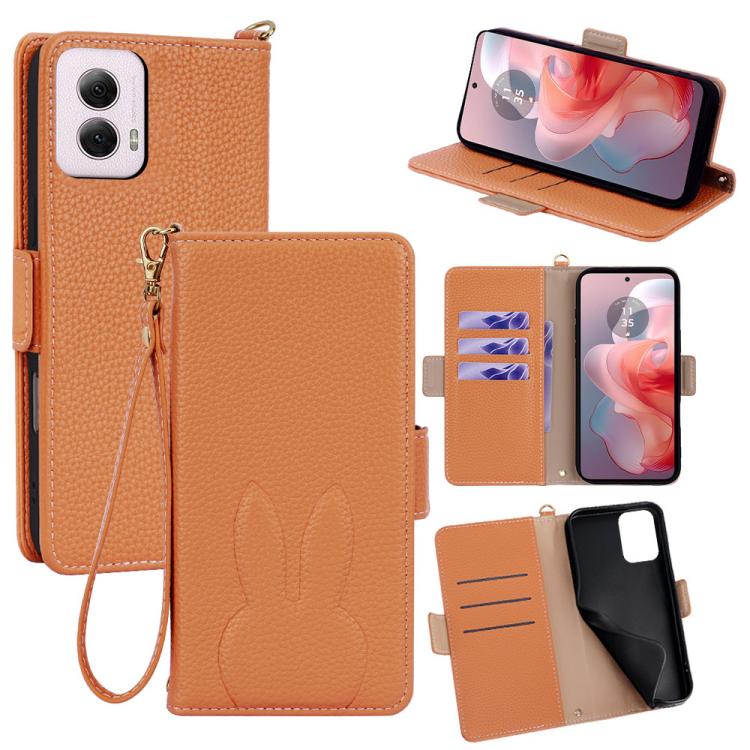 Bunny Ears Side Magnetic Clasp Vegan Leather Phone Case with Wrist Strap