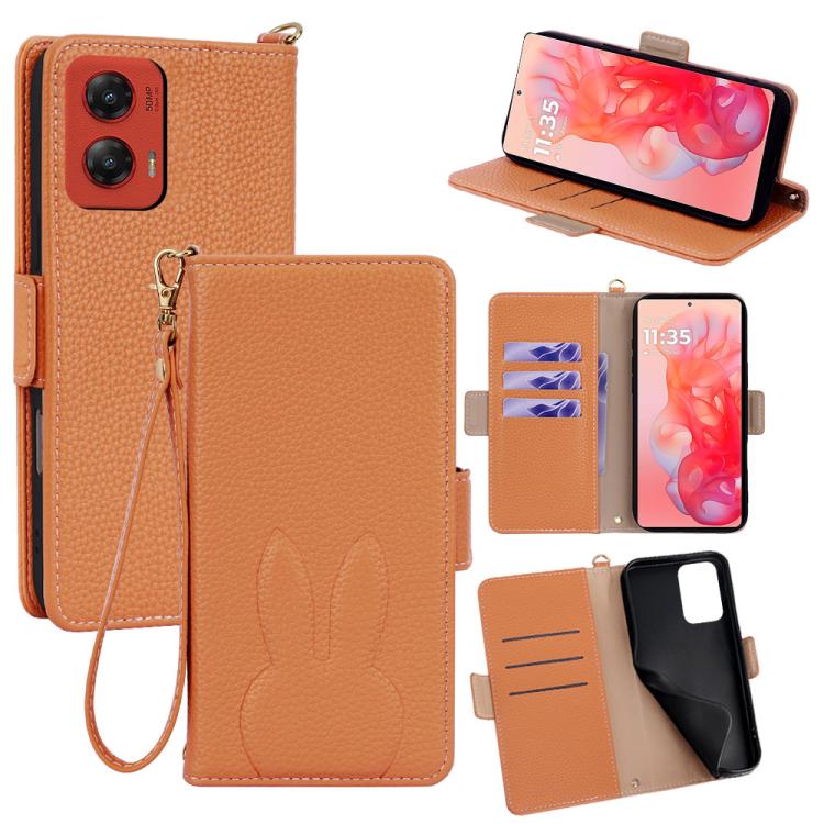 Bunny Ears Side Magnetic Clasp Vegan Leather Phone Case with Wrist Strap