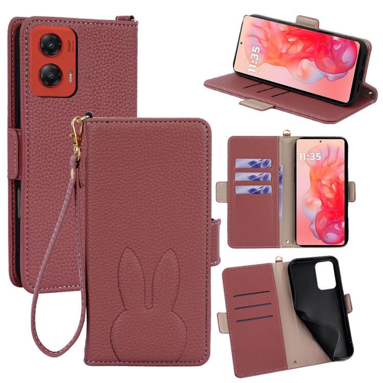 Bunny Ears Side Magnetic Clasp Vegan Leather Phone Case with Wrist Strap