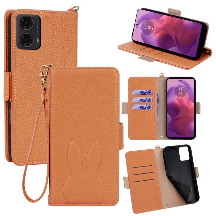 Bunny Ears Side Magnetic Clasp Vegan Leather Phone Case with Wrist Strap