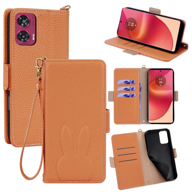 Bunny Ears Side Magnetic Clasp Vegan Leather Phone Case with Wrist Strap