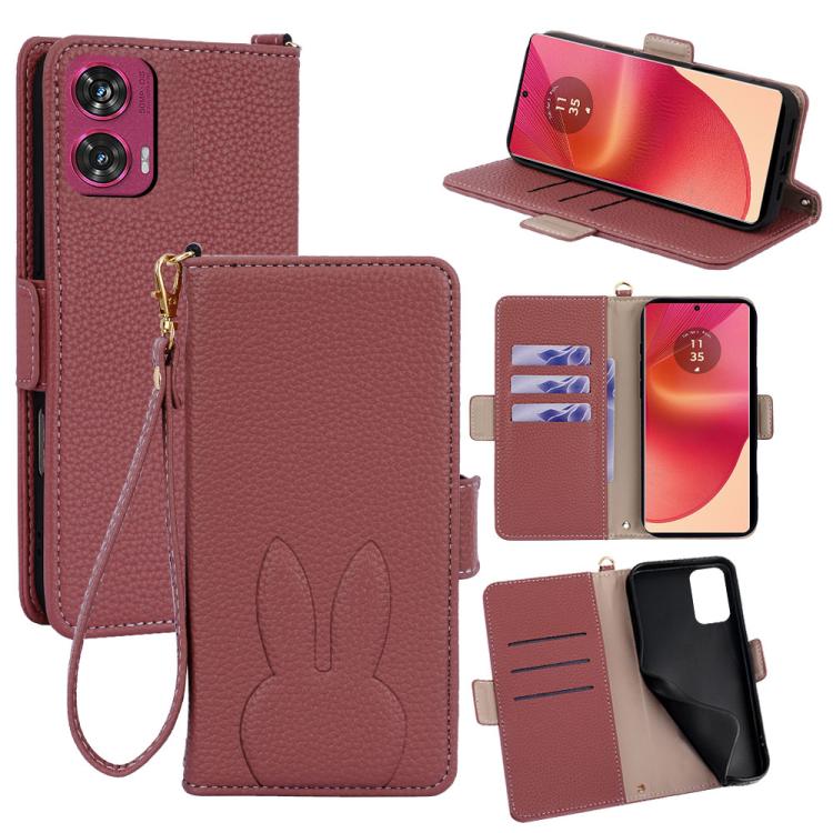 Bunny Ears Side Magnetic Clasp Vegan Leather Phone Case with Wrist Strap