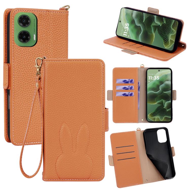 Bunny Ears Side Magnetic Clasp Vegan Leather Phone Case with Wrist Strap