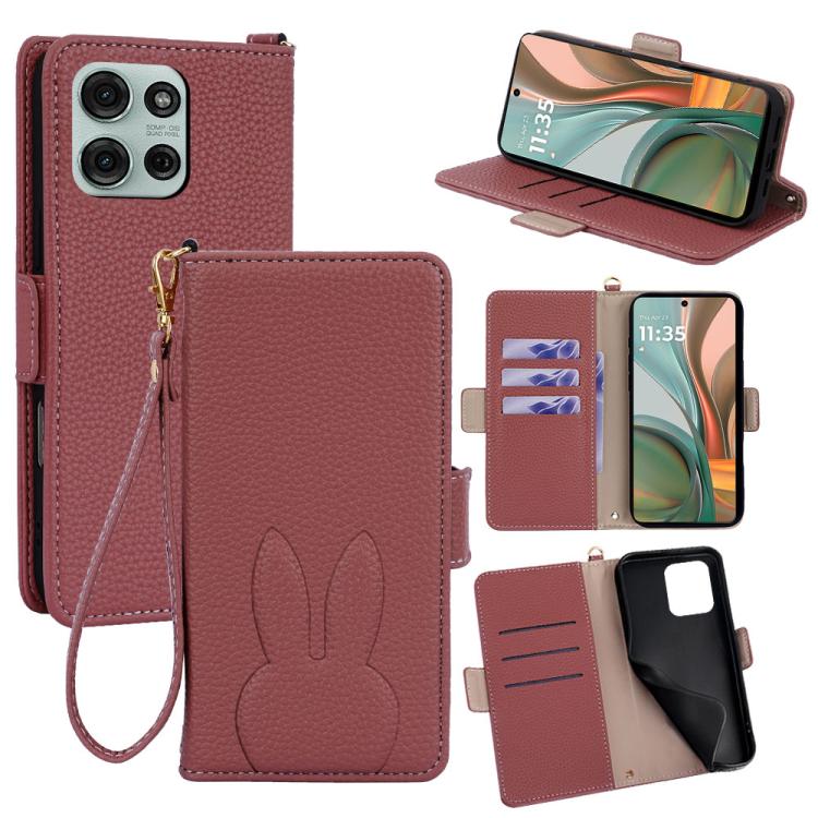 Bunny Ears Side Magnetic Clasp Vegan Leather Phone Case with Wrist Strap