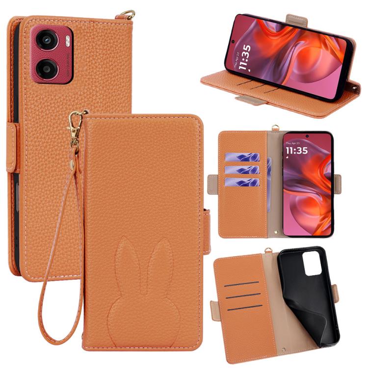 Bunny Ears Side Magnetic Clasp Vegan Leather Phone Case with Wrist Strap