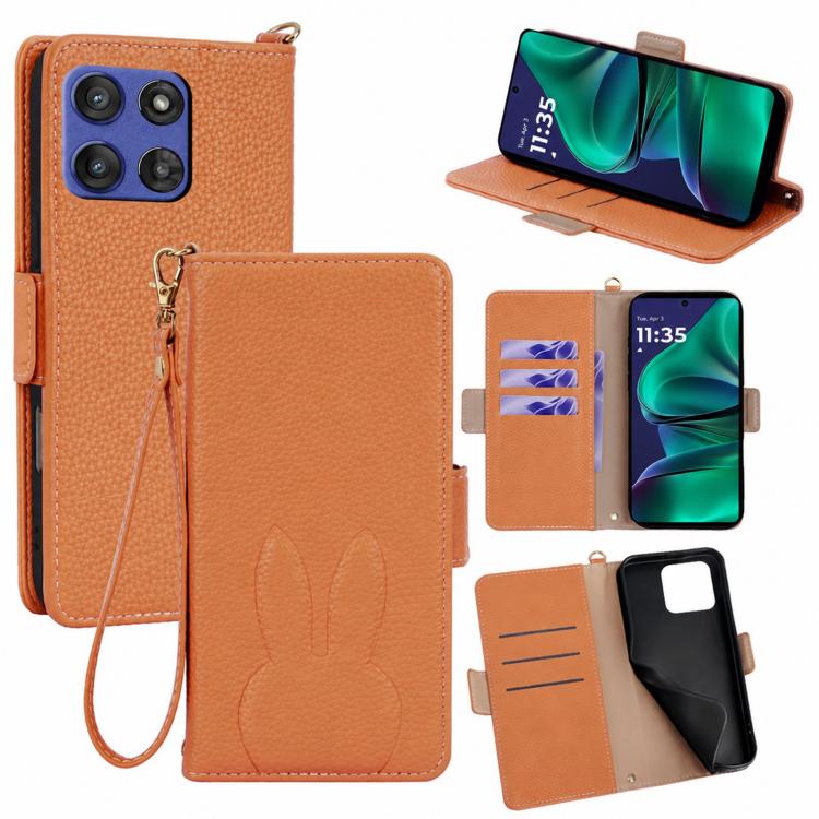 Bunny Ears Side Magnetic Clasp Vegan Leather Phone Case with Wrist Strap