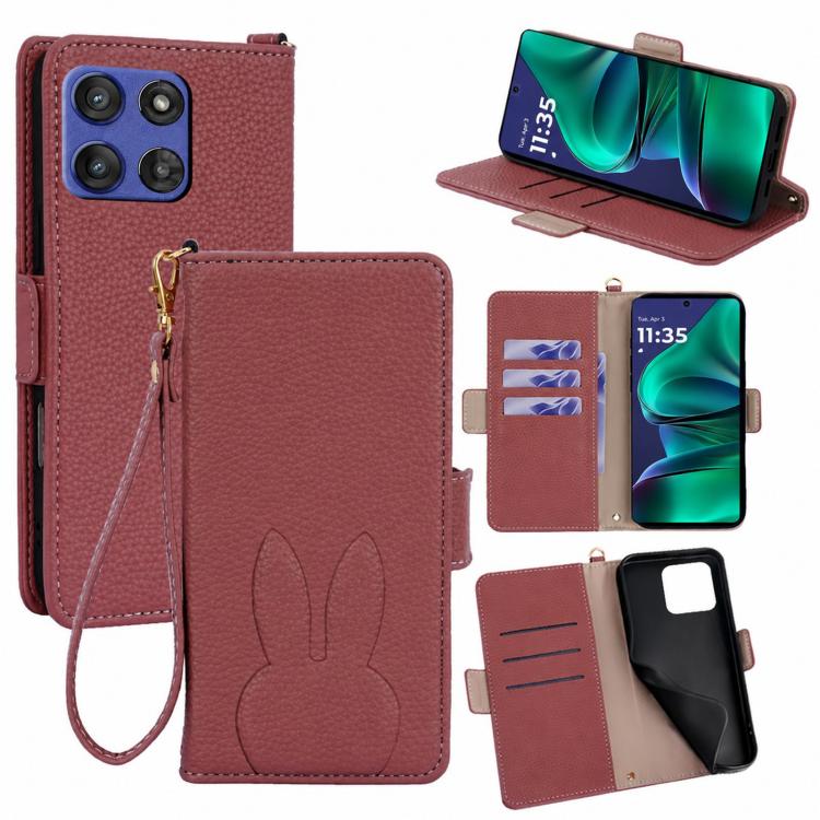 Bunny Ears Side Magnetic Clasp Vegan Leather Phone Case with Wrist Strap