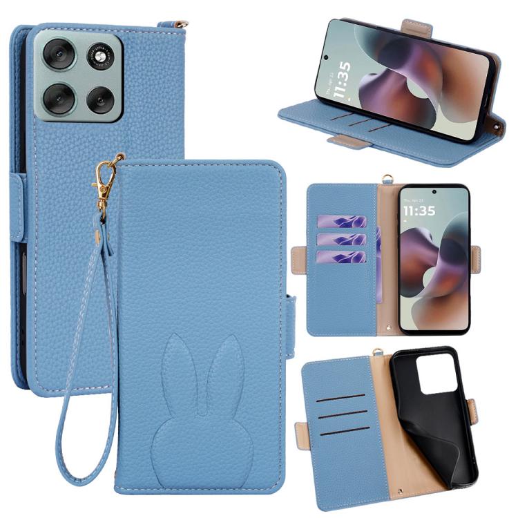 Bunny Ears Side Magnetic Clasp Vegan Leather Phone Case with Wrist Strap