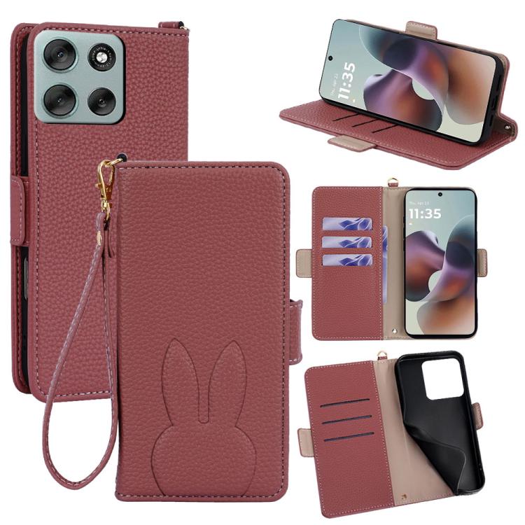 Bunny Ears Side Magnetic Clasp Vegan Leather Phone Case with Wrist Strap