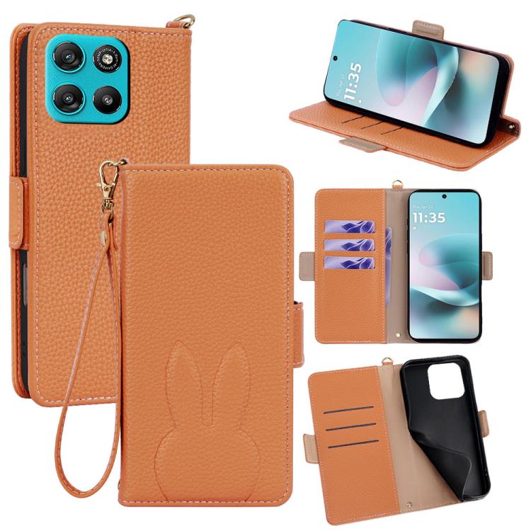 Bunny Ears Side Magnetic Clasp Vegan Leather Phone Case with Wrist Strap