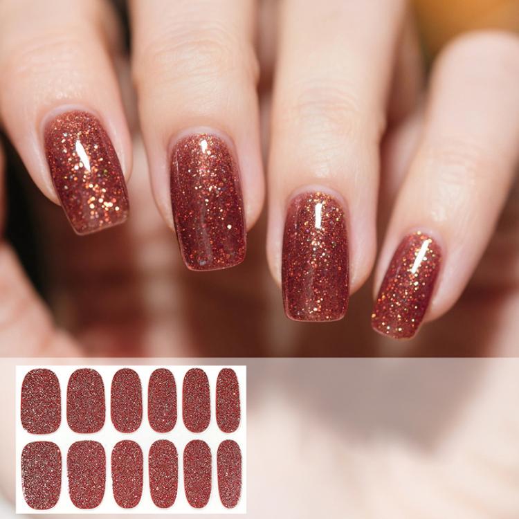 12 PCS/Sheet Waterproof Solid-Color Glitter Nail Stickers — Scarlet Red