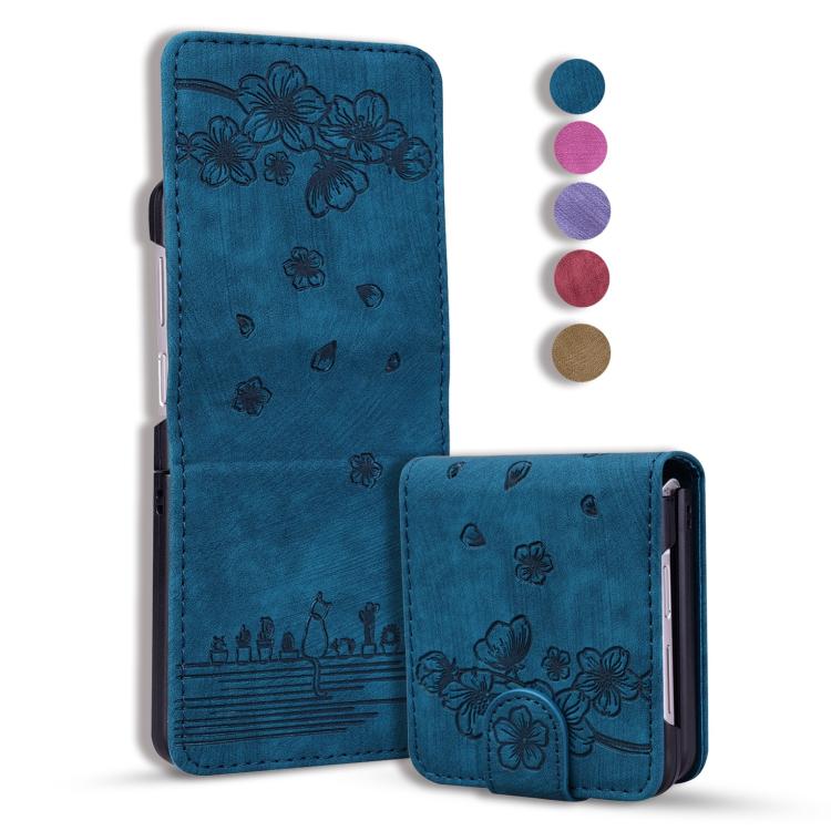 Cartoon Sakura Cat Embossed Leather Phone Case — Wine Red