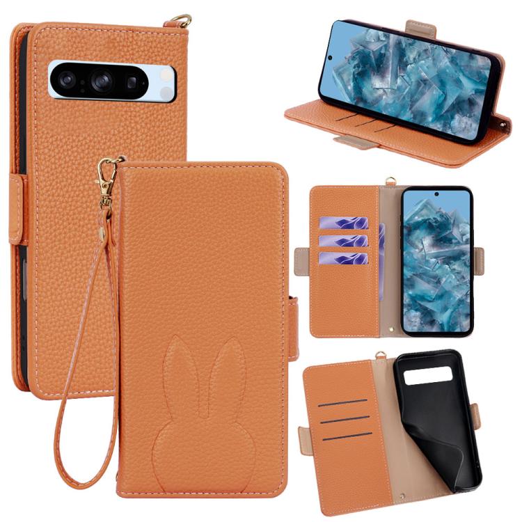Bunny Ears Side Magnetic Clasp Vegan Leather Phone Case with Wrist Strap