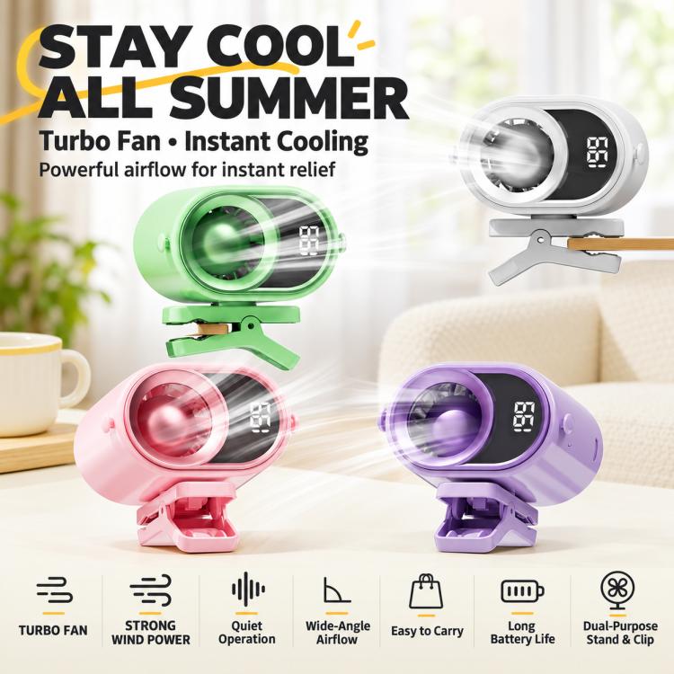 Portable Clip-on Smart Stepless Speed ??Control Digital Display Fan — Purple