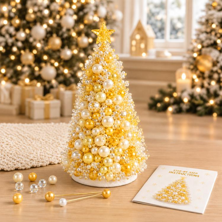 DIY Beaded Holiday Decorations Tree Craft Kit — Christmas Tree F-Pink White