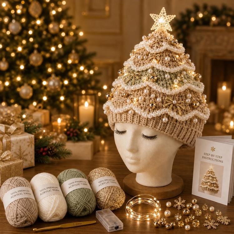 Lighted Christmas Tree Crochet Hat DIY Kit — Ice Crystals
